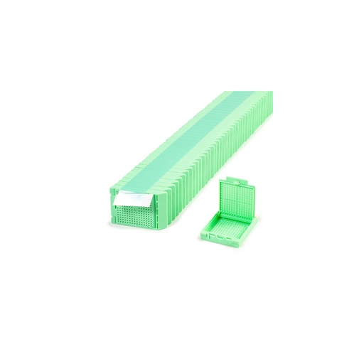 [M510-4T] Slimsette Biopsy Cassette, Quickload 45° Angle Stack (Taped), Acetal, Green, Bulk