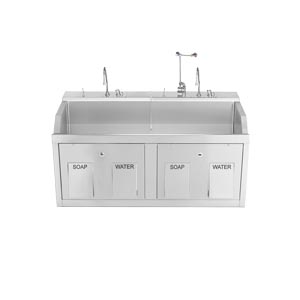 [1339882WED] Lodi Scrub Sink, (2) Place, Wall Mounted, Knee Action Control, Soap Dispenser, Infrared Water Control, Eyewash, Digital Timer