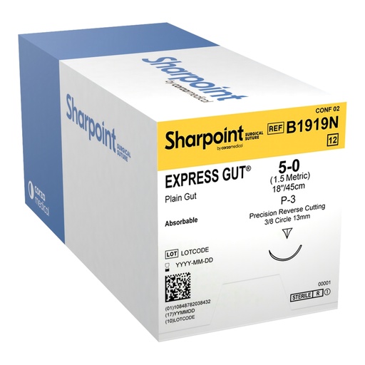 [B1919N] Surgical Specialties Sharpoint Plus 5-0 18 inch Express Gut Absorbable Suture with Needle and Undyed, 12 per Box