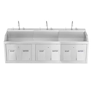 [1339883W00] Lodi Scrub Sink, (3) Place, Wall Mounted, Knee Action Control, Soap Dispenser, Infrared Water Control